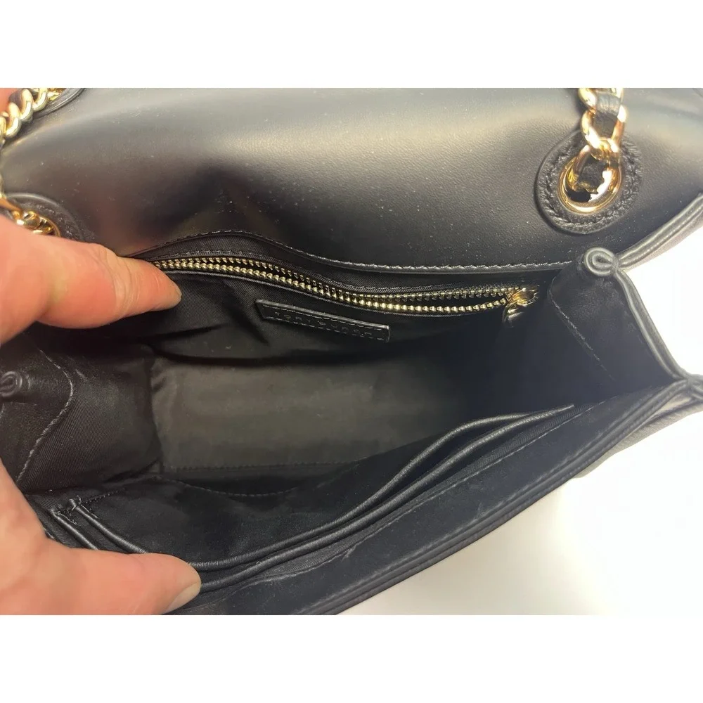 TORY BURCH Black Quilted Leather SAVANNAH Small Flat Chain Strap Tote Bag